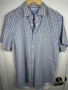Banana Republic Mens Blue White Gingham Shirt L Short Sleeve Luxe Stretch Poplin